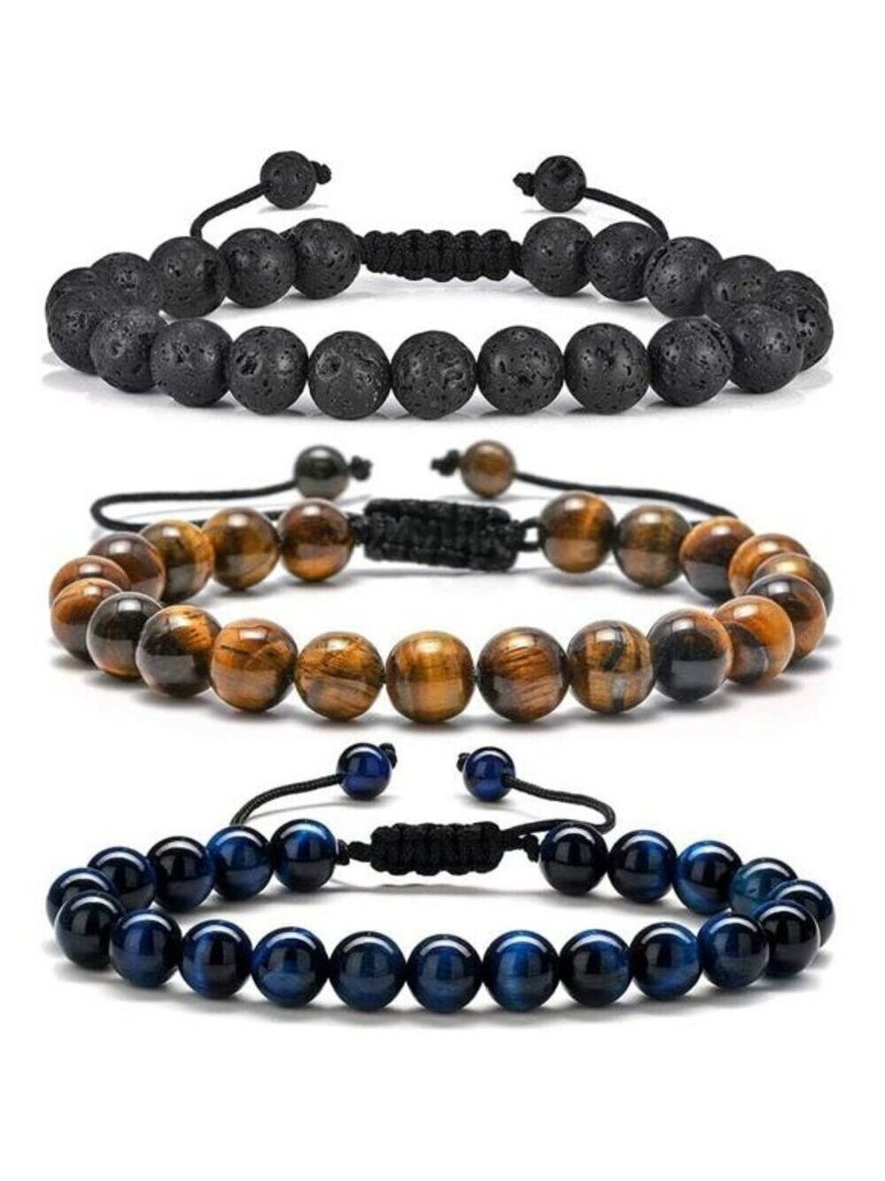 Men's Natural Stone Bracelet Tiger Eye Lava Rock Agate Adjustable Beaded